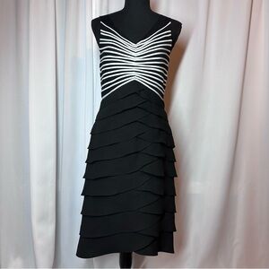 Eliza J Formal Midi Dress Sz 6 Black White Semi Shear Dress Tiered Skirt EUC‎